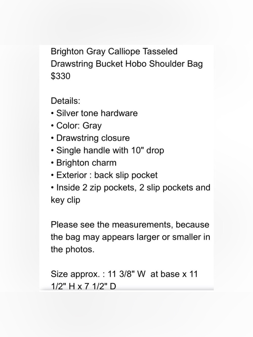 BRIGHTON Calliope pewter/ gray tassel drawstring hobo bag. Excellent condition! - Picture 11 of 11